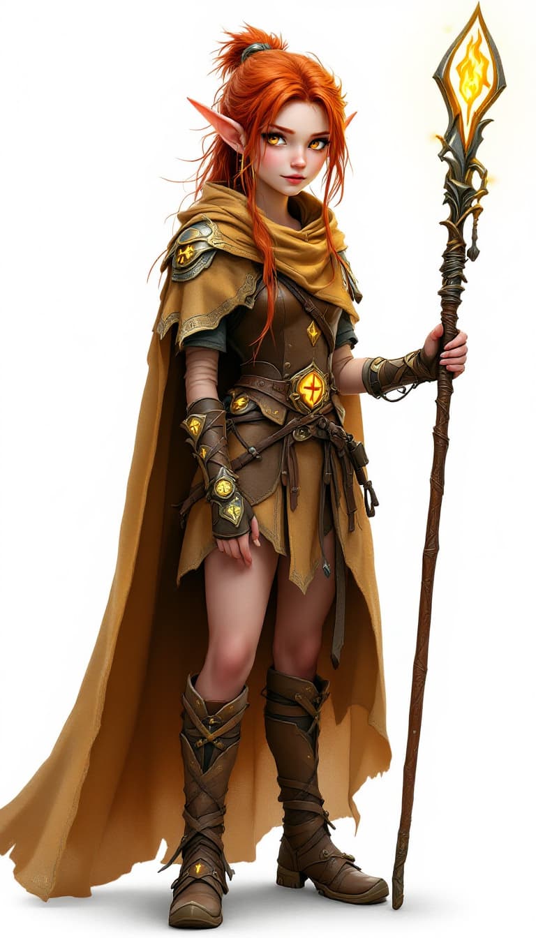 AI generated:  A youthful elf maiden stands tall and poised, her lengthy limbs and radiant fiery red hair juxtapos...