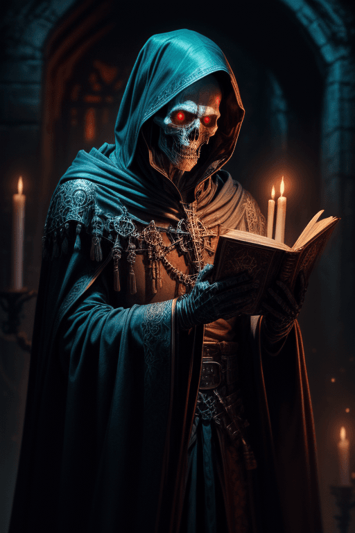 AI generated: close up, hooded, pale flame hanging above head, necromancer, cane, candles, white fire, cloak, book...