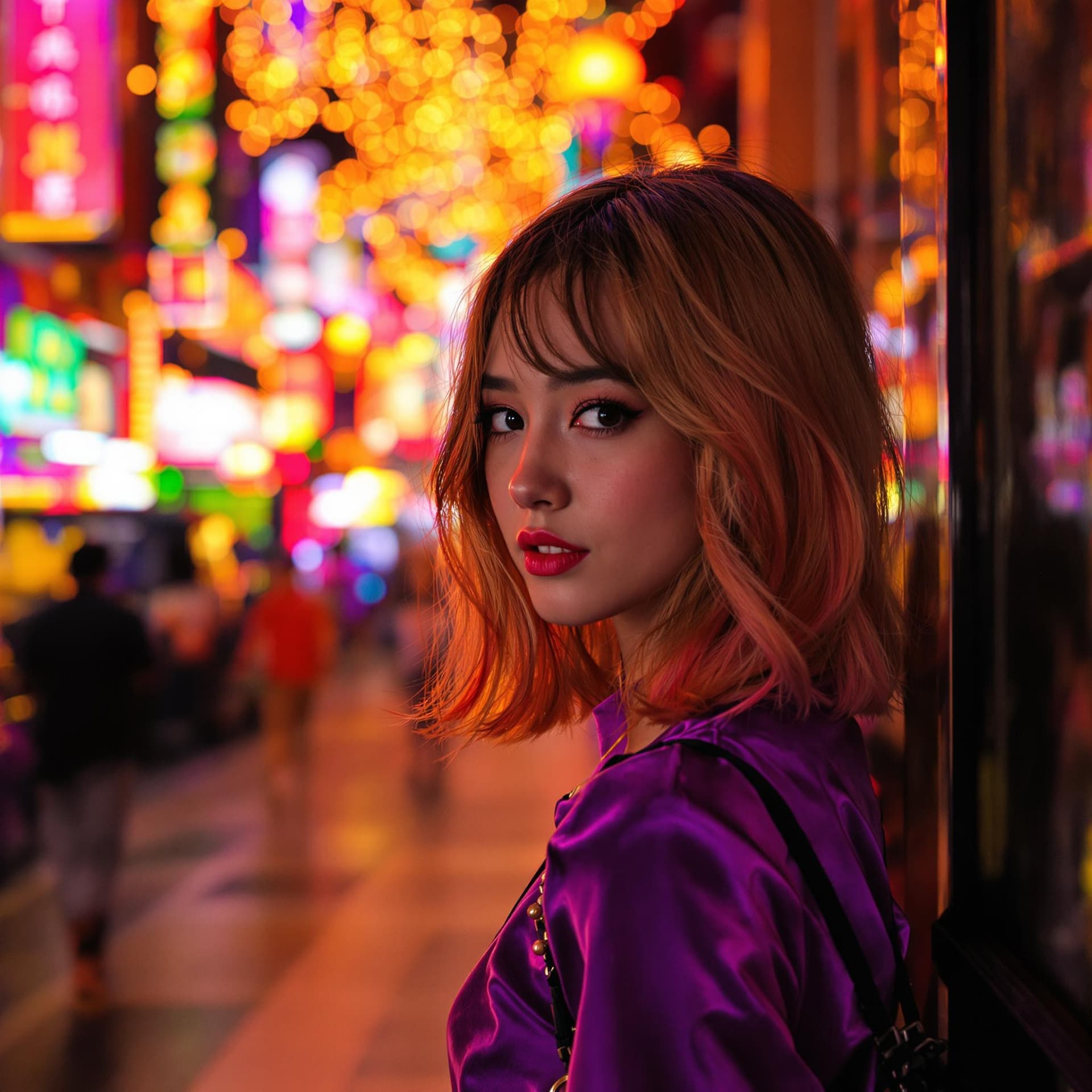 AI generated: a girl in a purple top in a neon city, in the style of chinapunk, iconic album covers, soft-focus po...