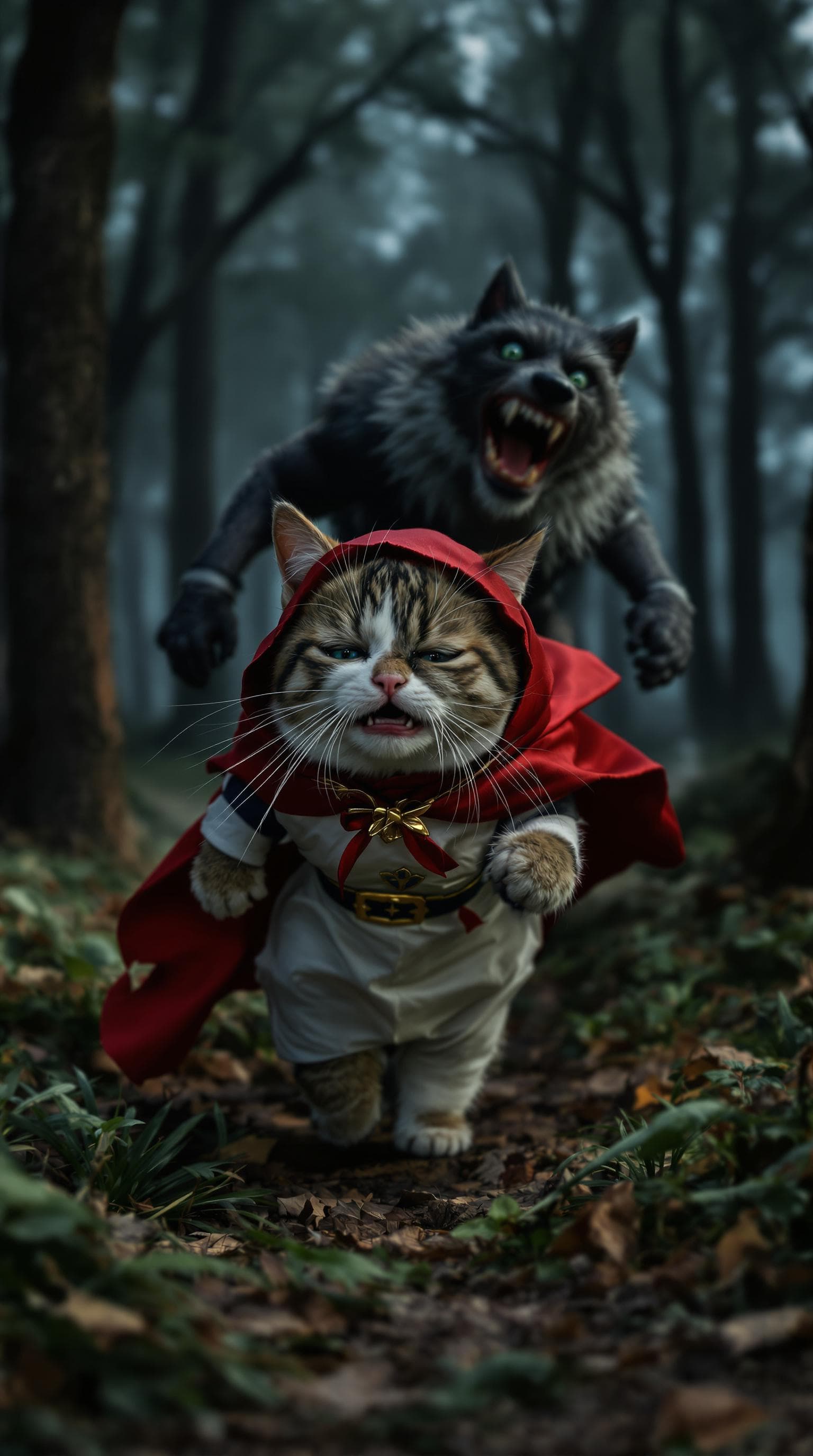AI generated: anthropomorphic cute cat, wearing the costume of the fairy tale character Little Red Riding Hood, re...