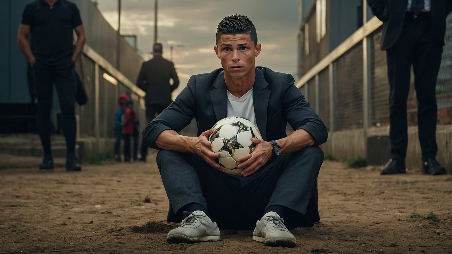 AI generated: cristaino ronaldo hold football looking poor and not haired 