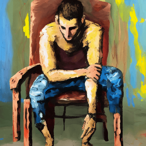 AI generated: painting of sad man sitting on chair, eyes are teary, holding face, pallet knife painted, thick text...