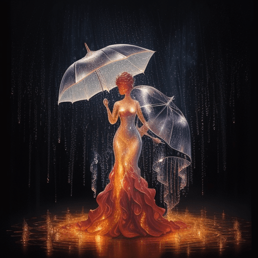 AI generated: An enchanting figure made of enchanted flames stands holding a magnificent umbrella made of cascadin...
