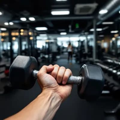 AI generated video: POV, I am working out in a gym, holding a dumbbell naturally in my hand. Only my hands are visible i...