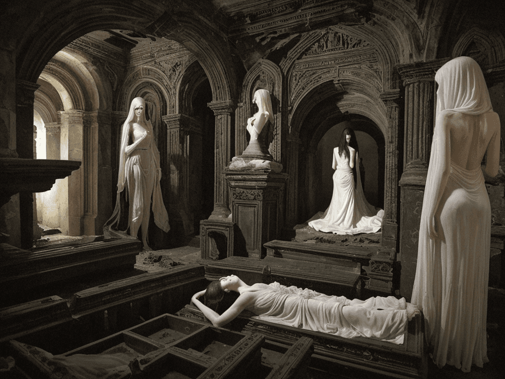 AI generated: In this haunting image, two female figures lie in ornate coffins, surrounded by the dark, dank atmos...