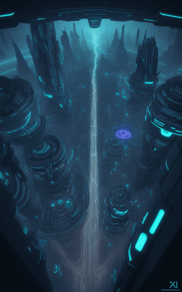 AI generated: bioluminescent futuristic city, birds eye view --ar 3:2 --chaos 100 --stylize 1000 --v 4 --q 2