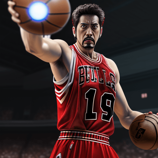 AI generated: Marvel's Ironman playing basketball, dressed in Chicago Bulls uniform, Chicago Bulls jersey, realist...
