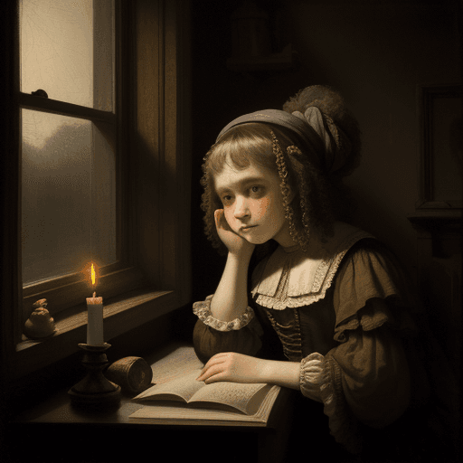 AI generated: Rembrandt style, young sad girl in room, near the window, looking in a book, candle on a desk