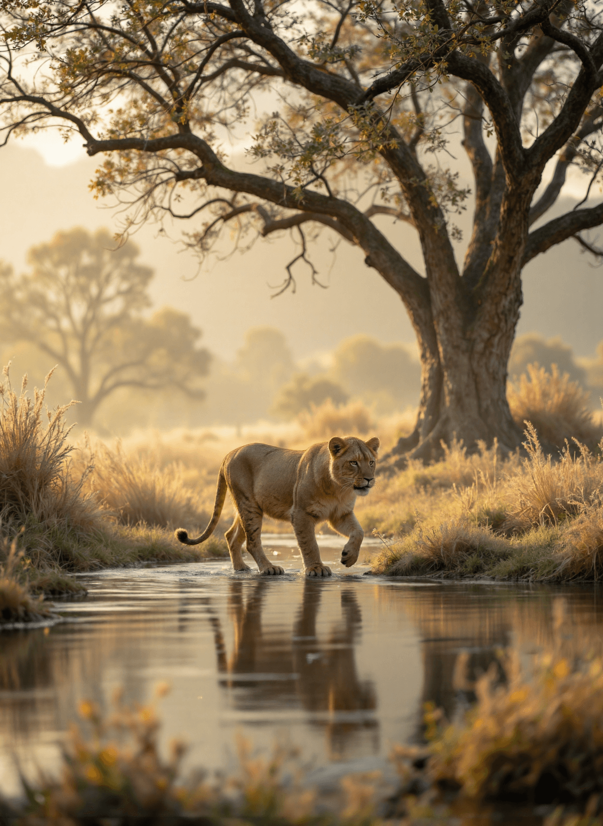 AI generated: The image depicts a serene and misty landscape, likely set in a natural habitat such as a savanna or...