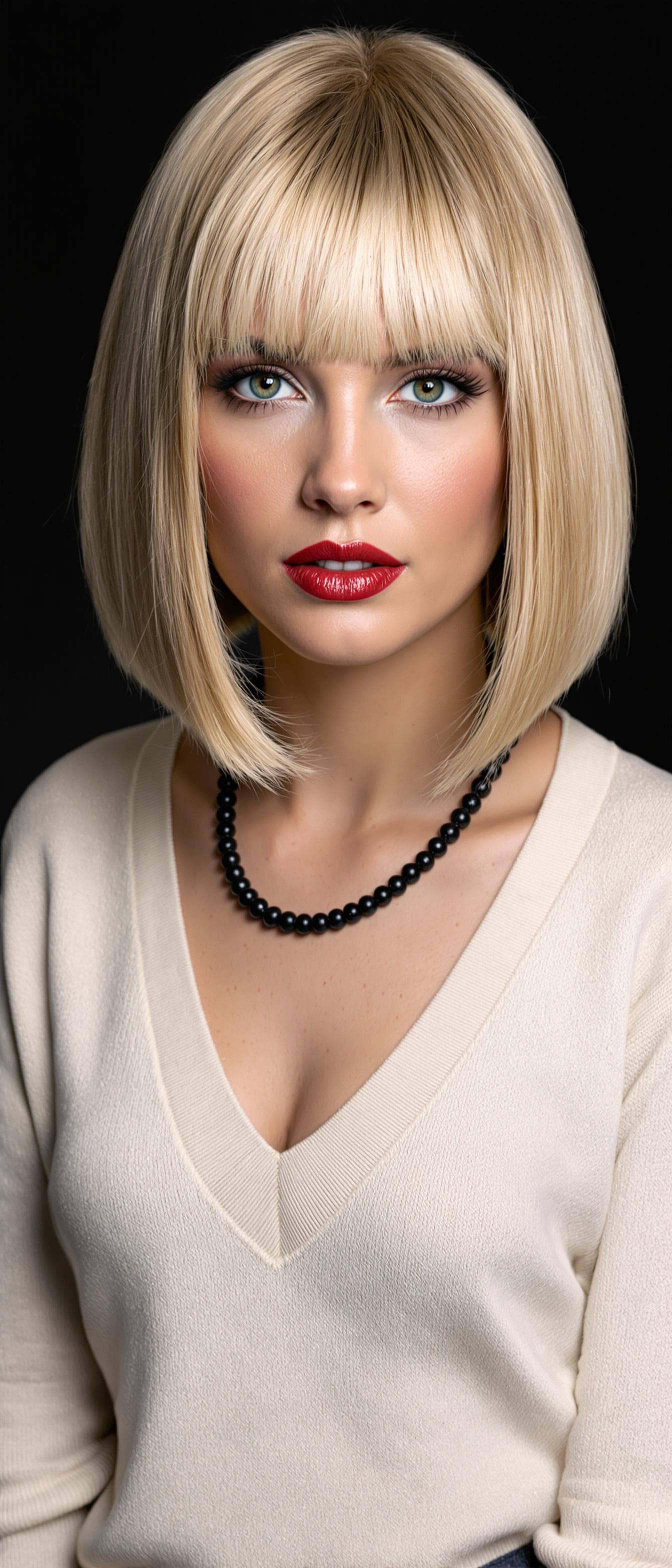 AI generated: She sports a sleek chin-length Italian bob in a rich natural golden blonde shade cut bluntly with th...