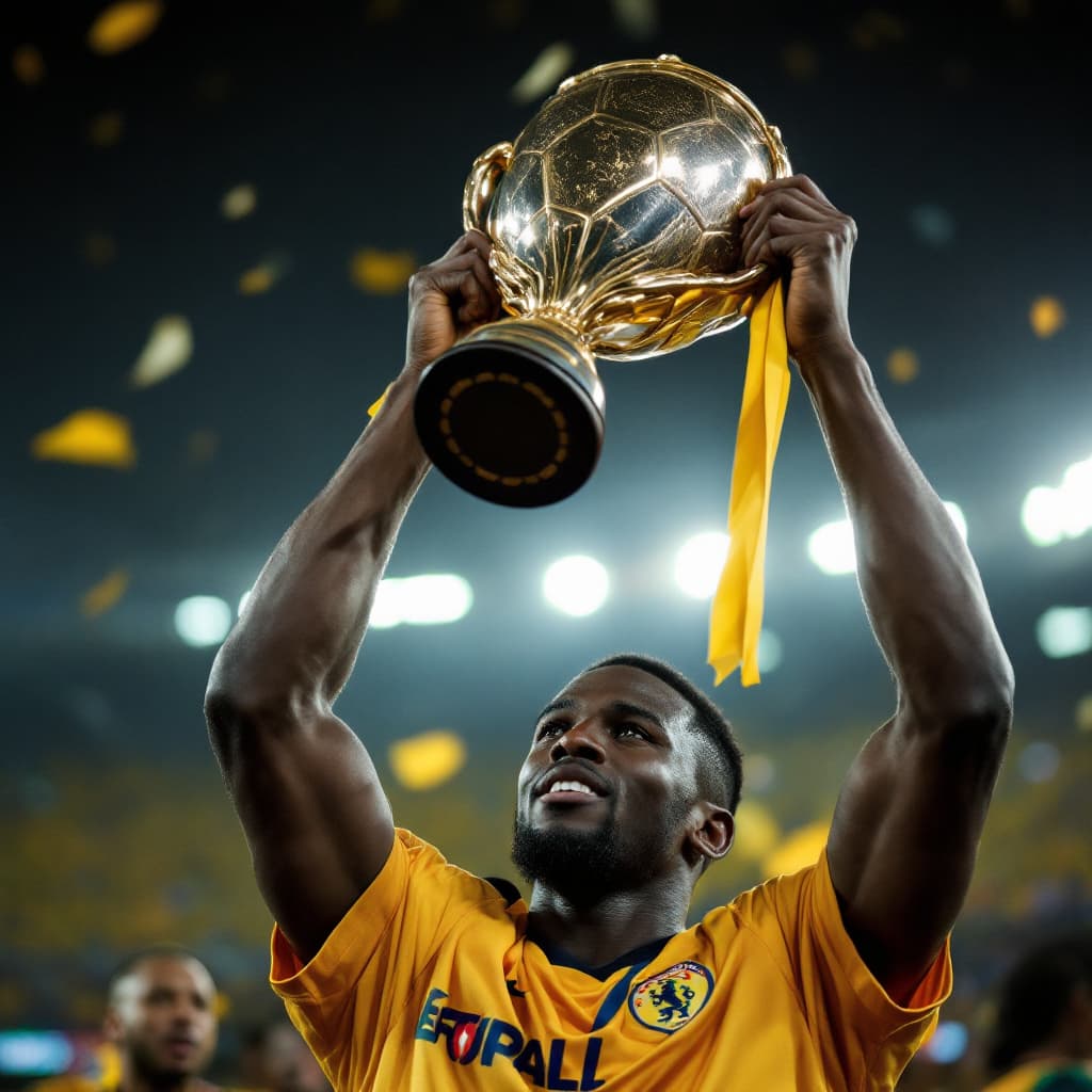 AI generated: A photo of an african footballer lifting a trophy