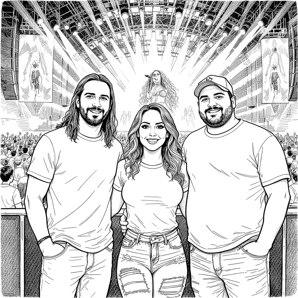AI generated: Composition:(2 men, 1 woman)
Three friends at a Mariah Carey concert watching her perform live on s...