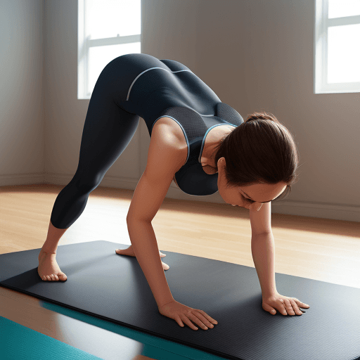 AI generated: Photo of a ultra realistic Athletic clothing downblouse, leaning forward, on all fours, yoga mat