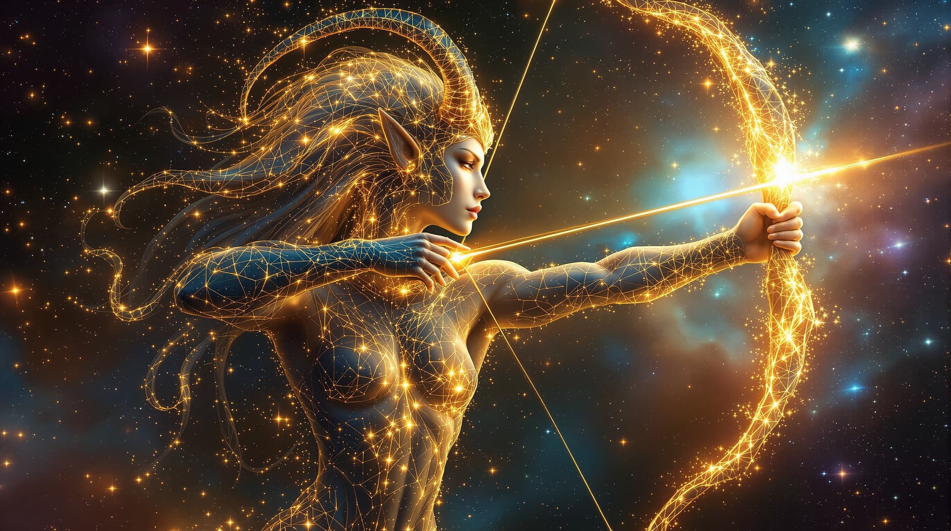 AI generated:  A  centaur archer humanoid hyper realistic  zodiac spirit, embodying Sagittarius, shimmers with stu...