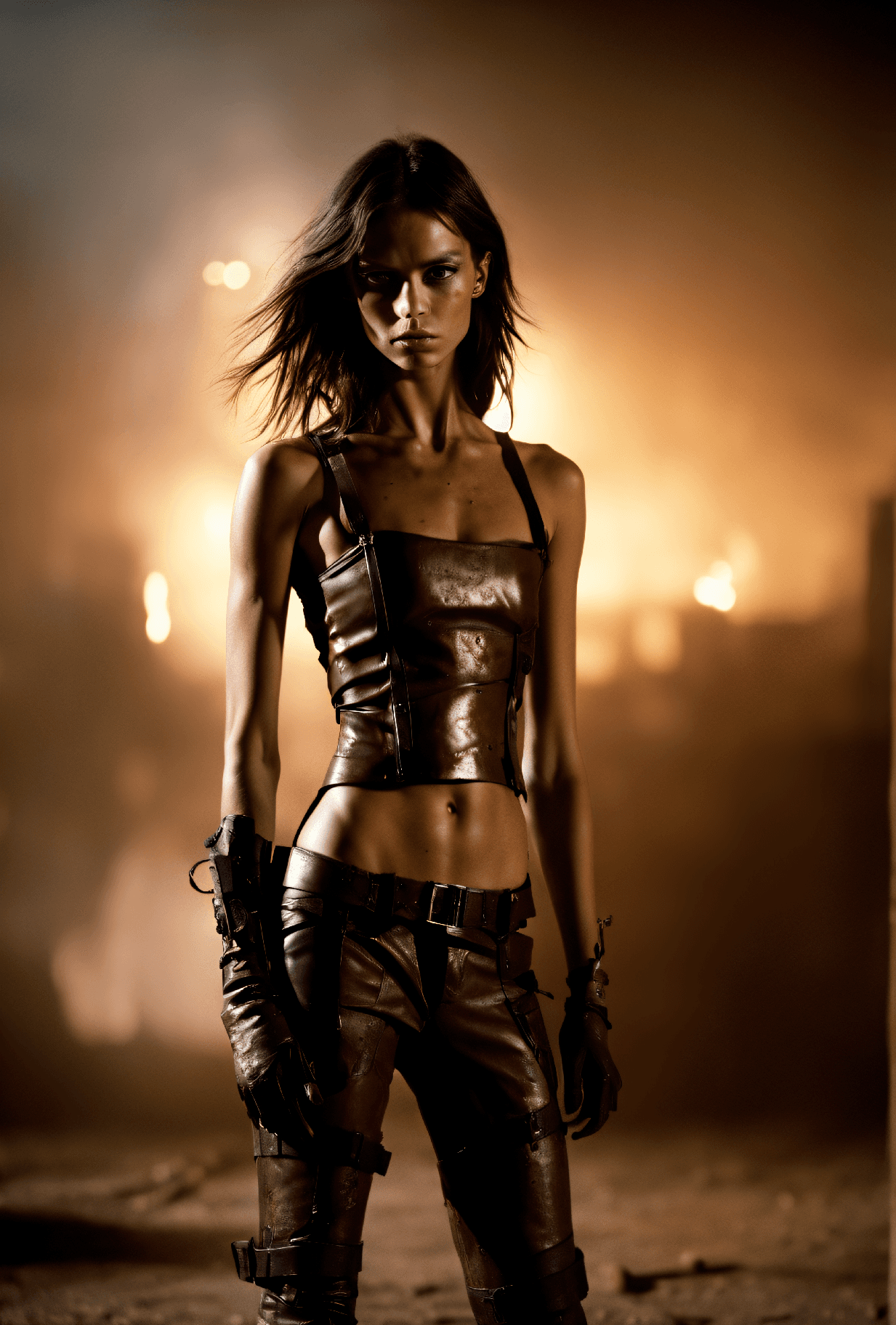 AI generated: dystopian style documentary photography photo of young woman, very thin, small breasts, abs, supermo...