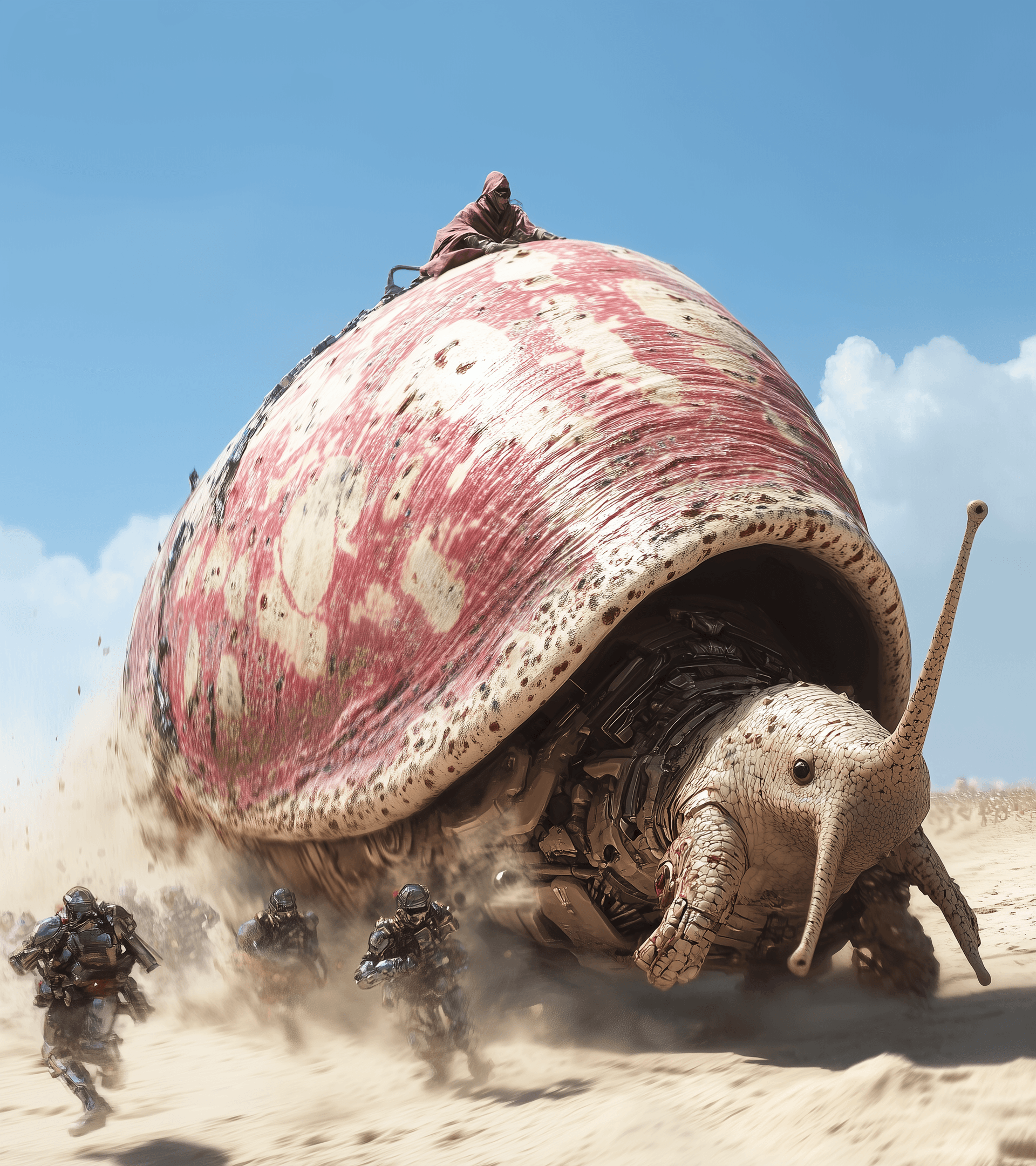 AI generated: A giant robotic snail eating tiny robot people, fantasy illustration in the style of Frank Frazetta,...
