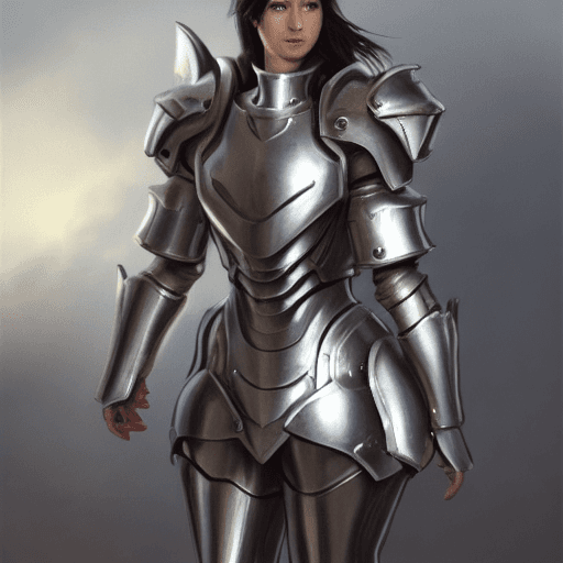 AI generated: european female, full body, walking pose, slow motion, female paladin wearing full body (light silve...