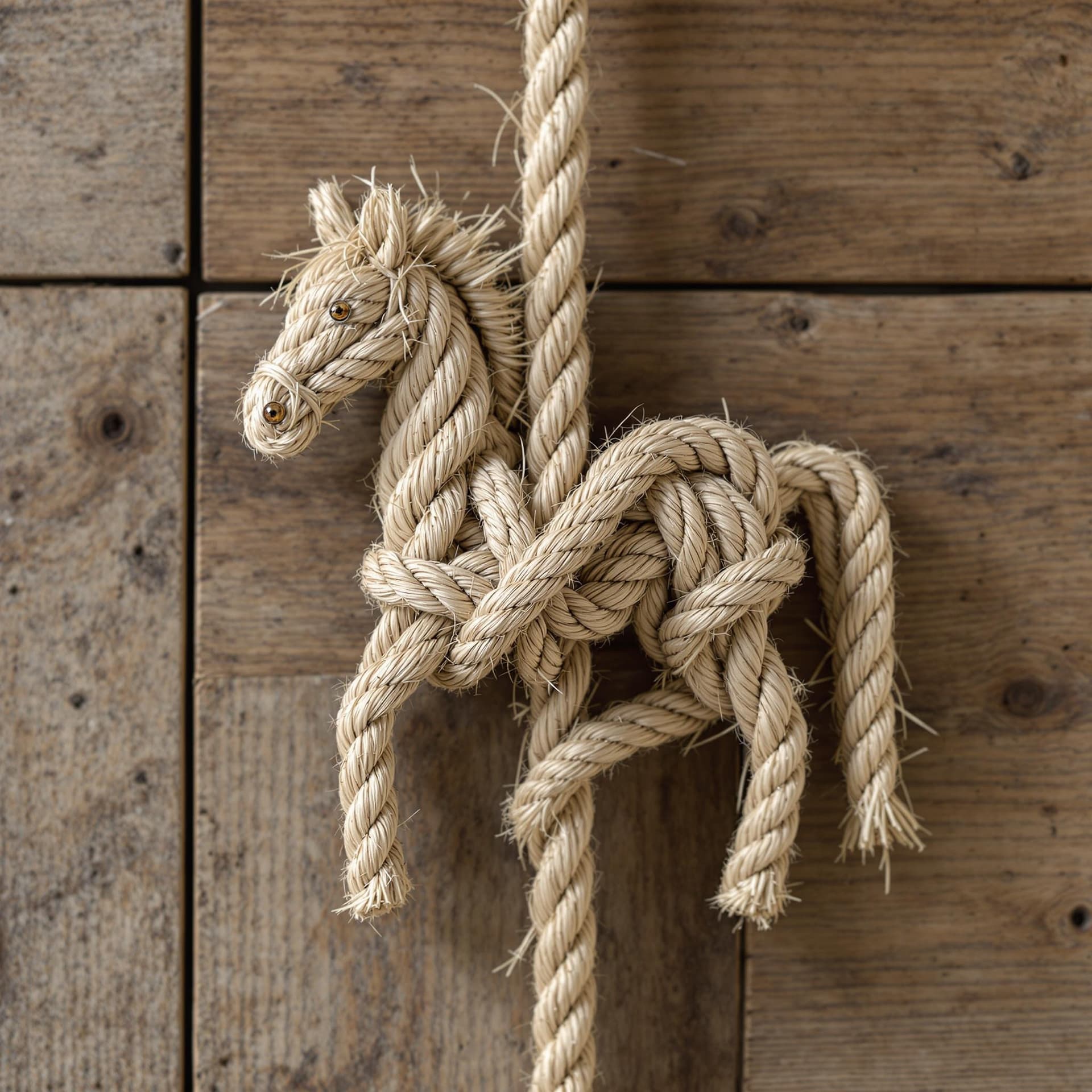 AI generated: A meticulously crafted nautical knot intricately shaped like a horse, made from thick, textured rope...