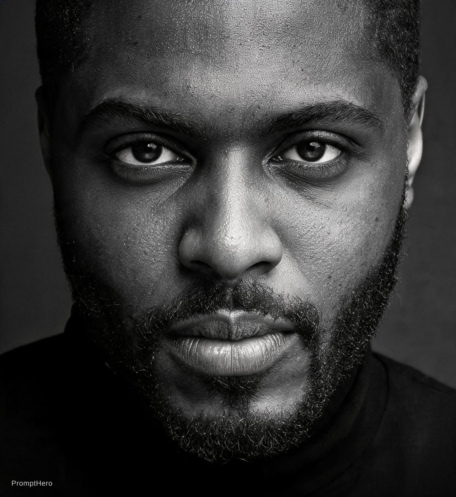 AI generated: wallpaper, high texture quality photo of black man, staring at camera, extreme close-up, black and w...