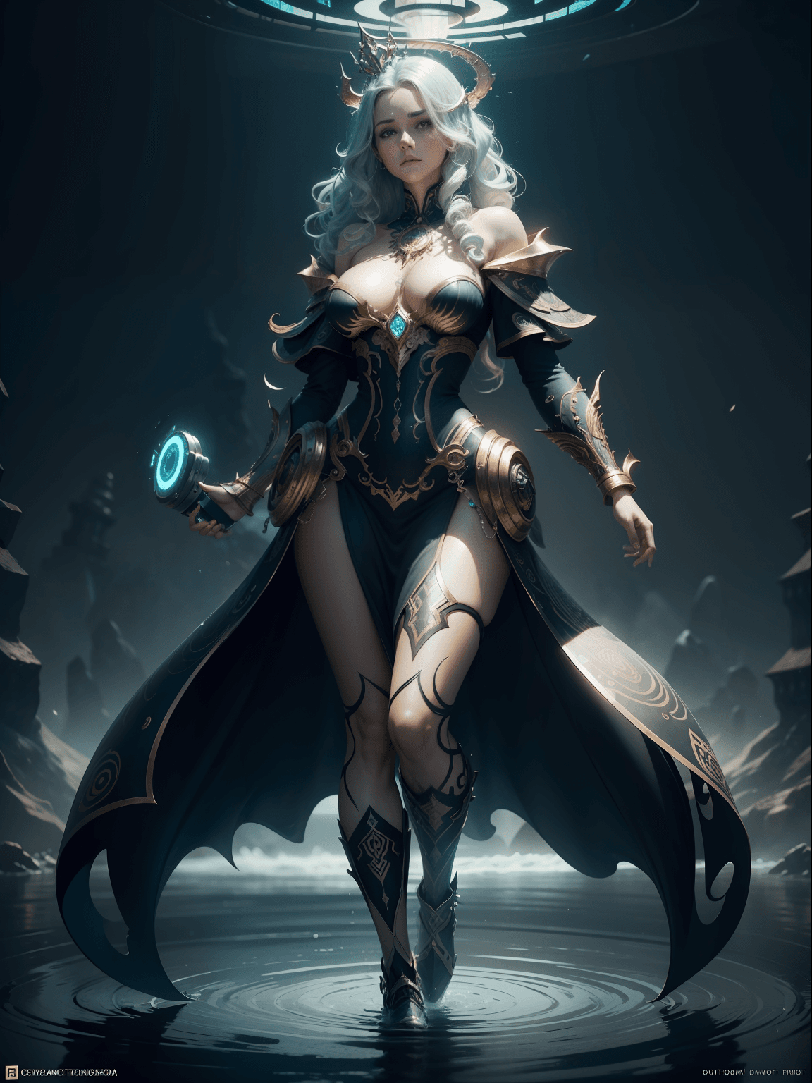 AI generated: beautiful woman Queen of ocean in spiral wave water, background glorious , perfect face, realistic, ...