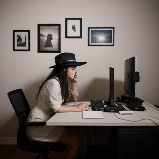 AI generated: In a modern and dimly lit room, a photographer wearing a hat sits at a computer desk, diligently wor...