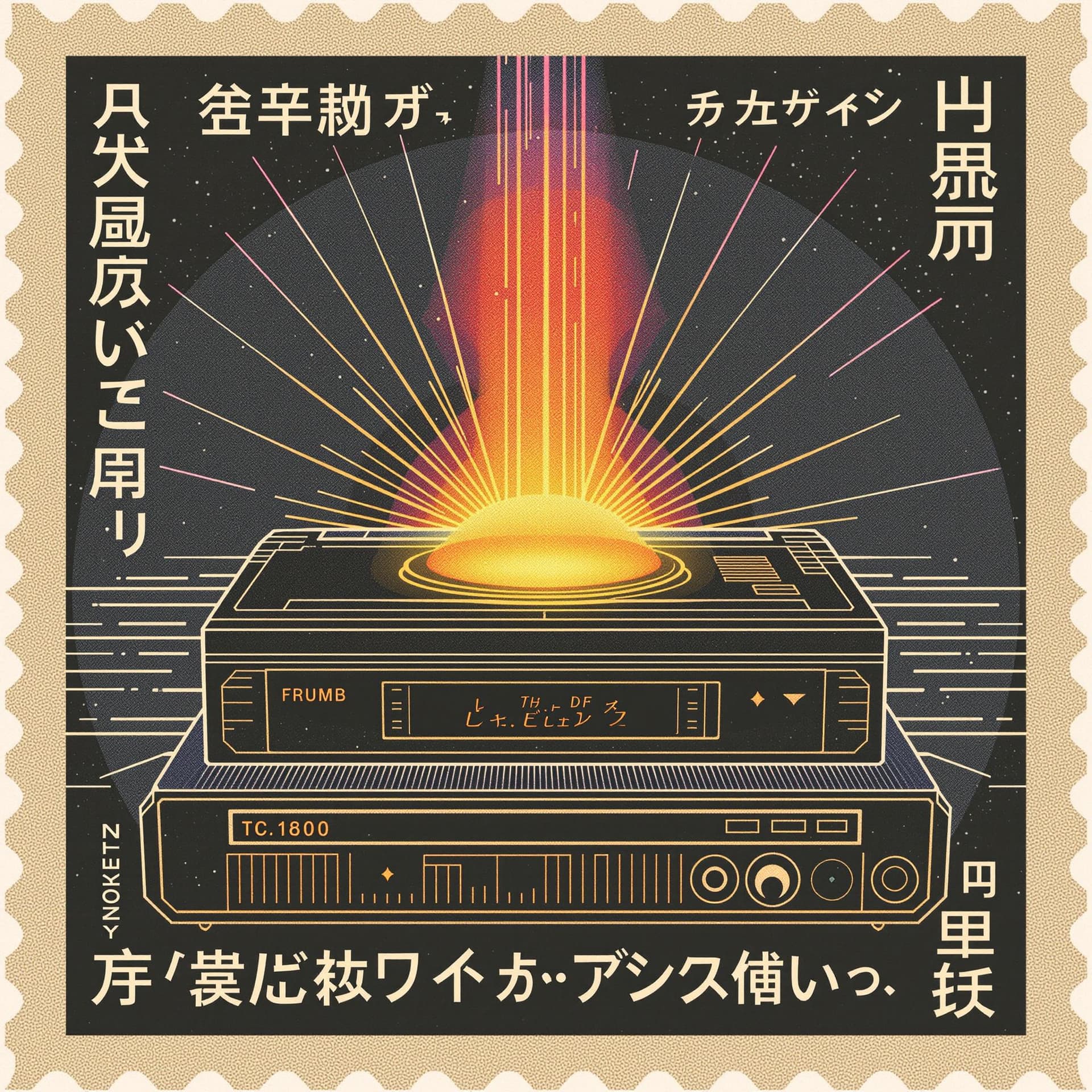 AI generated: stamp style, retro VCR player for mystical future laser solid state hard drive hardware, quantum com...