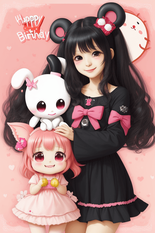 AI generated: My melody and Kuromi, cheeky smile , happy birth day