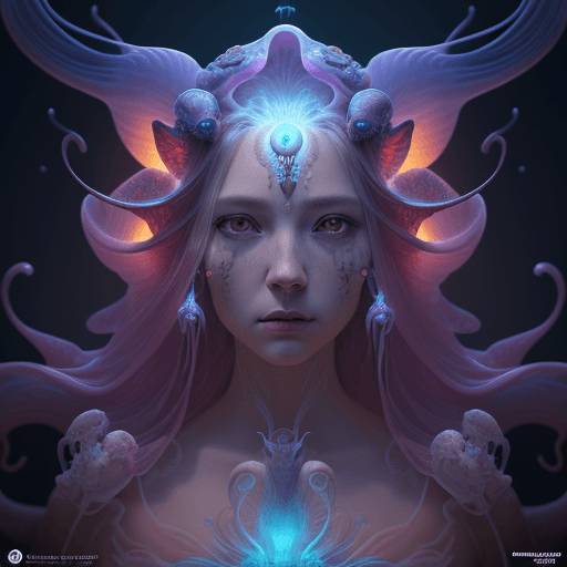 AI generated: Goddess close-up portrait ribcagel. jellyfish phoenix head, nautilus, orchid, skull, betta fish, bio...