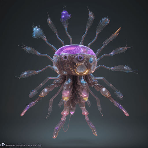 AI generated: Holographic, 3D render of a iron man steampunk jelly fish, no watermark,chromatic color palette, cir...