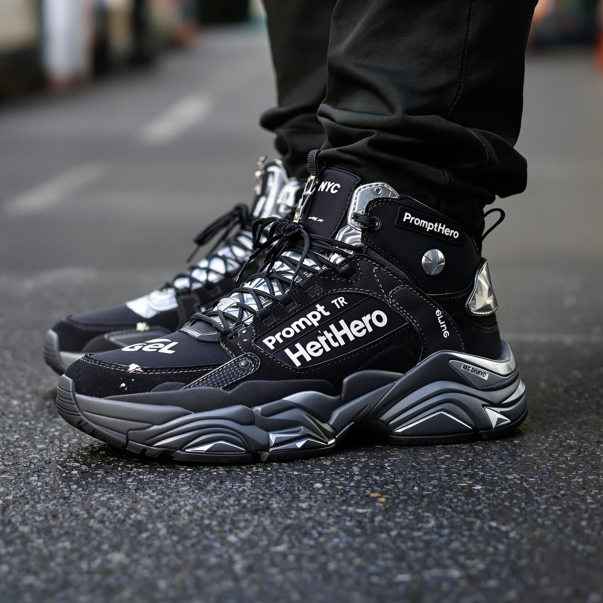 AI generated: High-fashion sneakers in the style of Gel NYC, designed for urban streetwear. “PromptHero” logo prin...