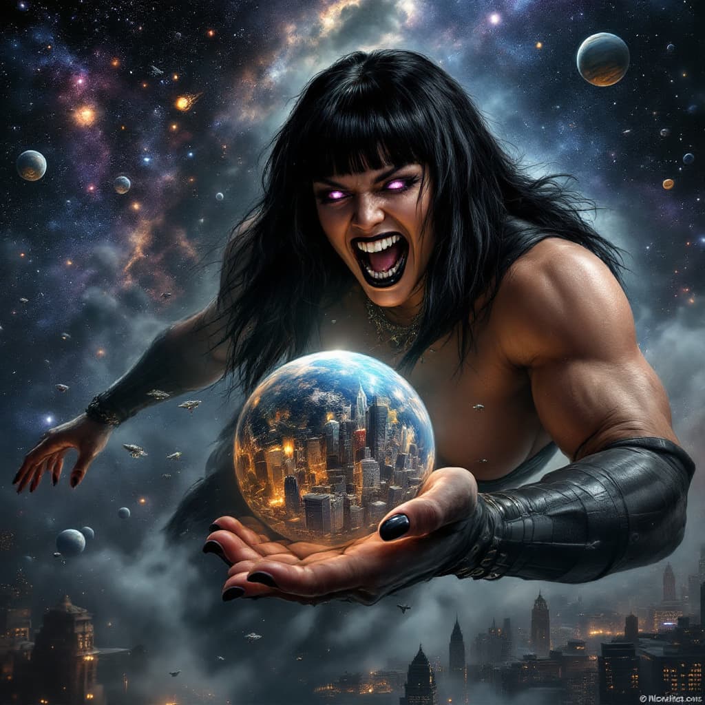 AI generated: enormous giantess female who looks exactly like WWE superstar 
 Rhea Ripley with black medium length...