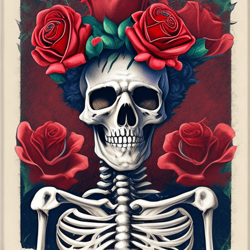 AI generated: Hyper realistic perspective image of a skeleton with a rose crown in Grateful Dead style poster art....