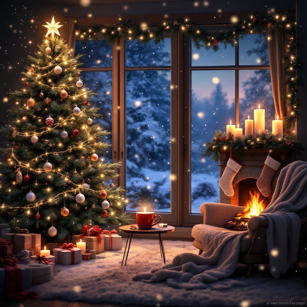 AI generated: A cozy, festive Christmas scene at twilight, centered around a warmly lit living room. A towering ev...