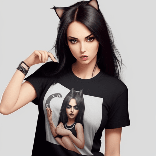 AI generated: one sexy women, rock style, without sunglasses, with cat on t-shirt