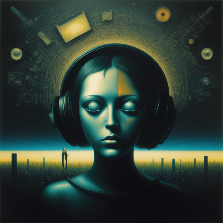 AI generated: music Album cover picture, surreal art, oil picture, techno, electronic, 1980