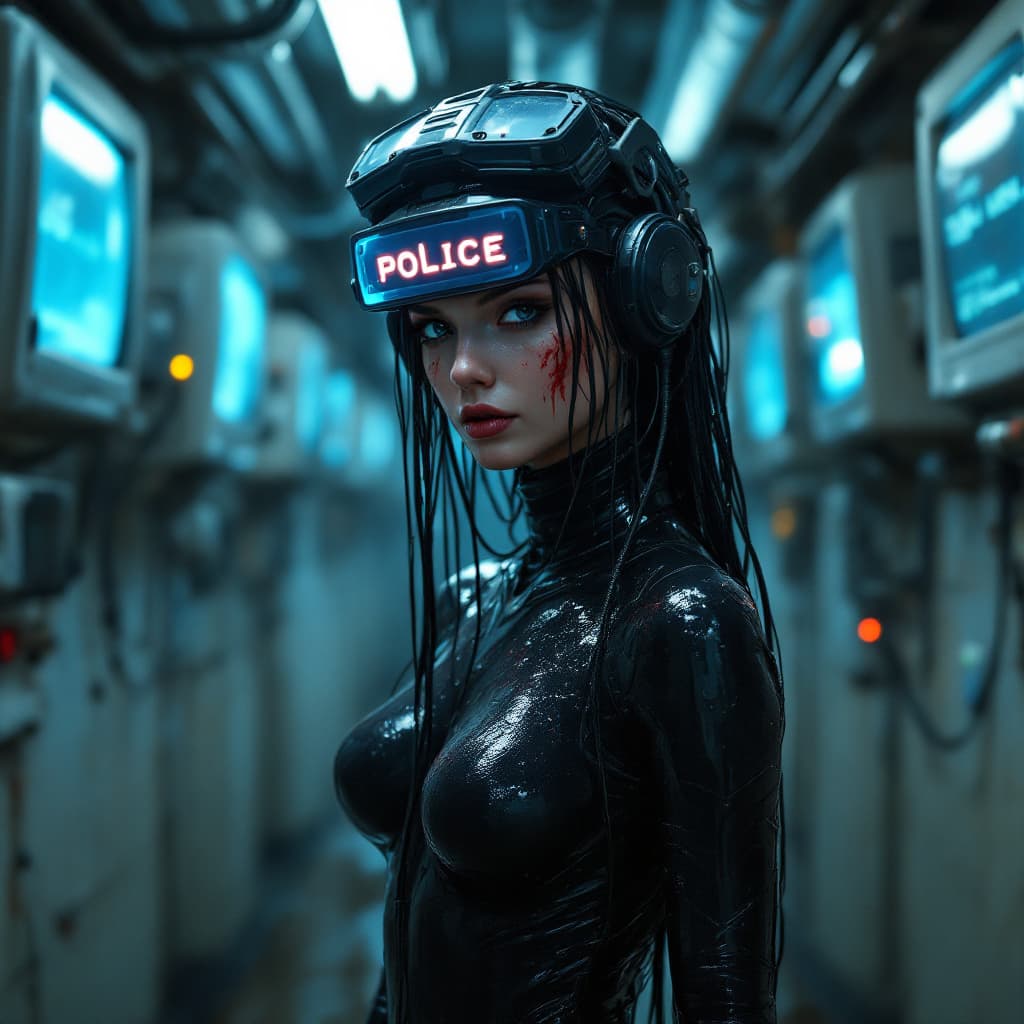 AI generated: 3 quarter angle of a  futuristic cyberpunk humanoid looking at the camera  with a sleek black latex ...