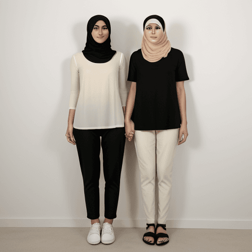 AI generated: Two people, one wearing a black shirt, with brown and cream pants facing forward and wearing a white...