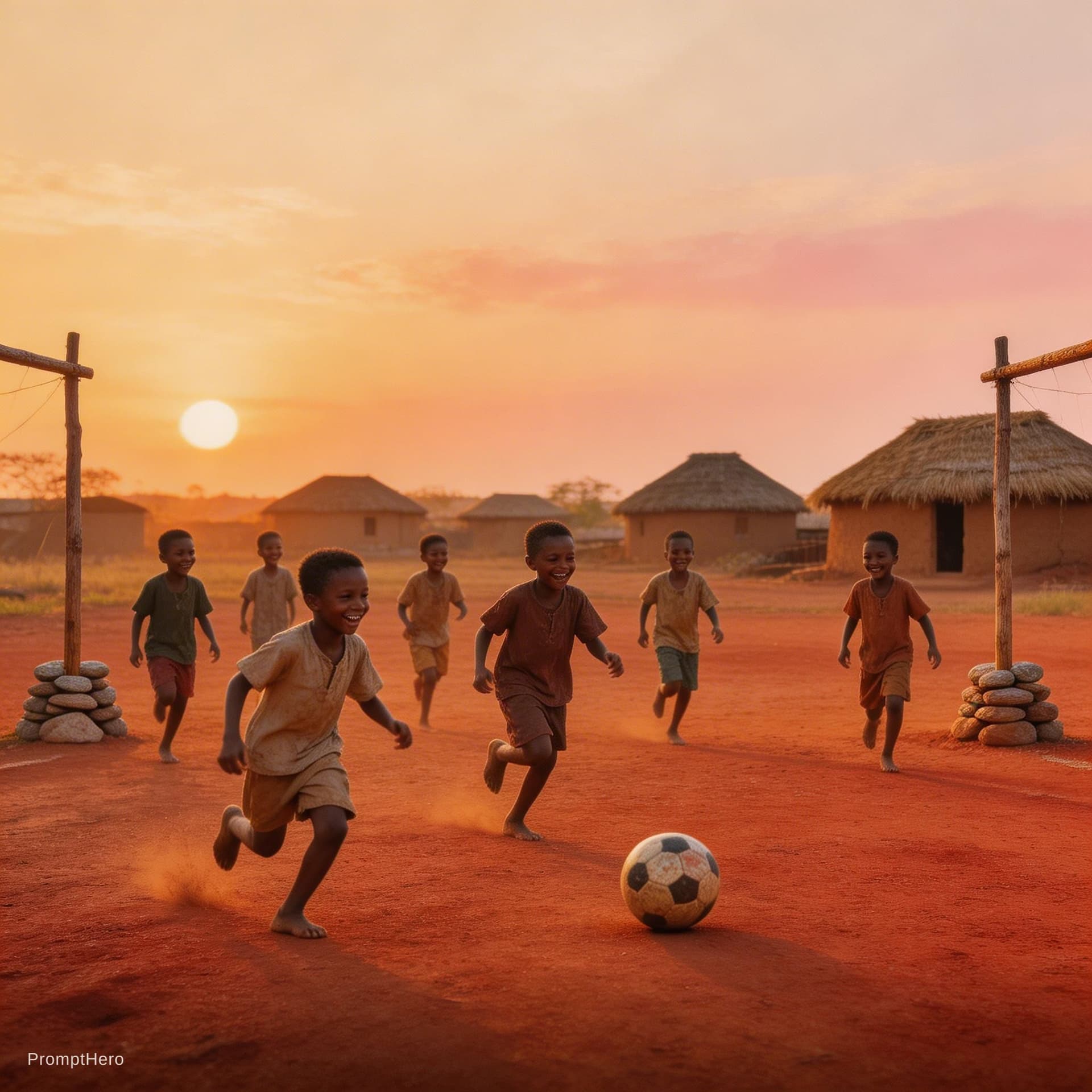 AI generated: A wide-angle, eye-level cinematic shot of rural African village children playing football on dusty r...