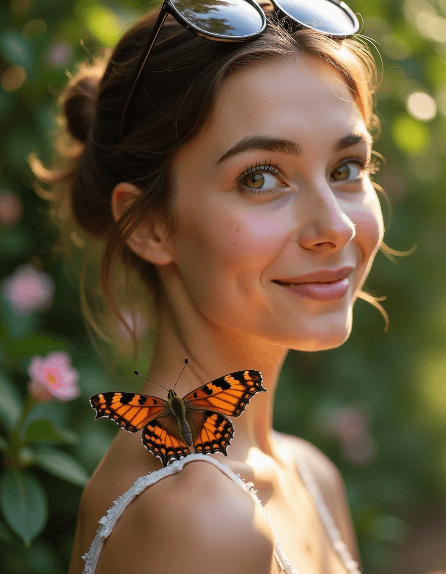 AI generated: photography of a young french woman with a butterfly lying on her shoulder, pale skin, round face, s...