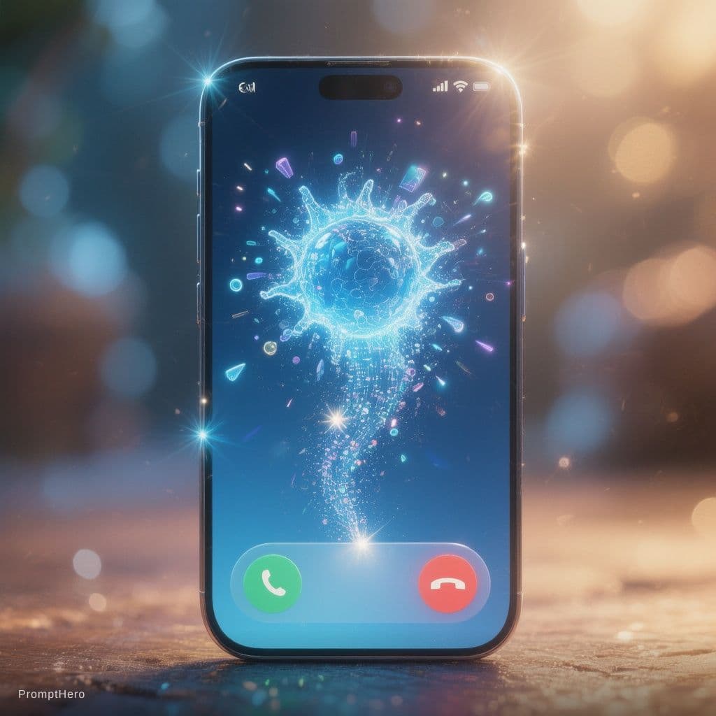 AI generated: Macro shot of a sleek smartphone screen, a rounded vibrant blue energy bit bursting out of the "Call...