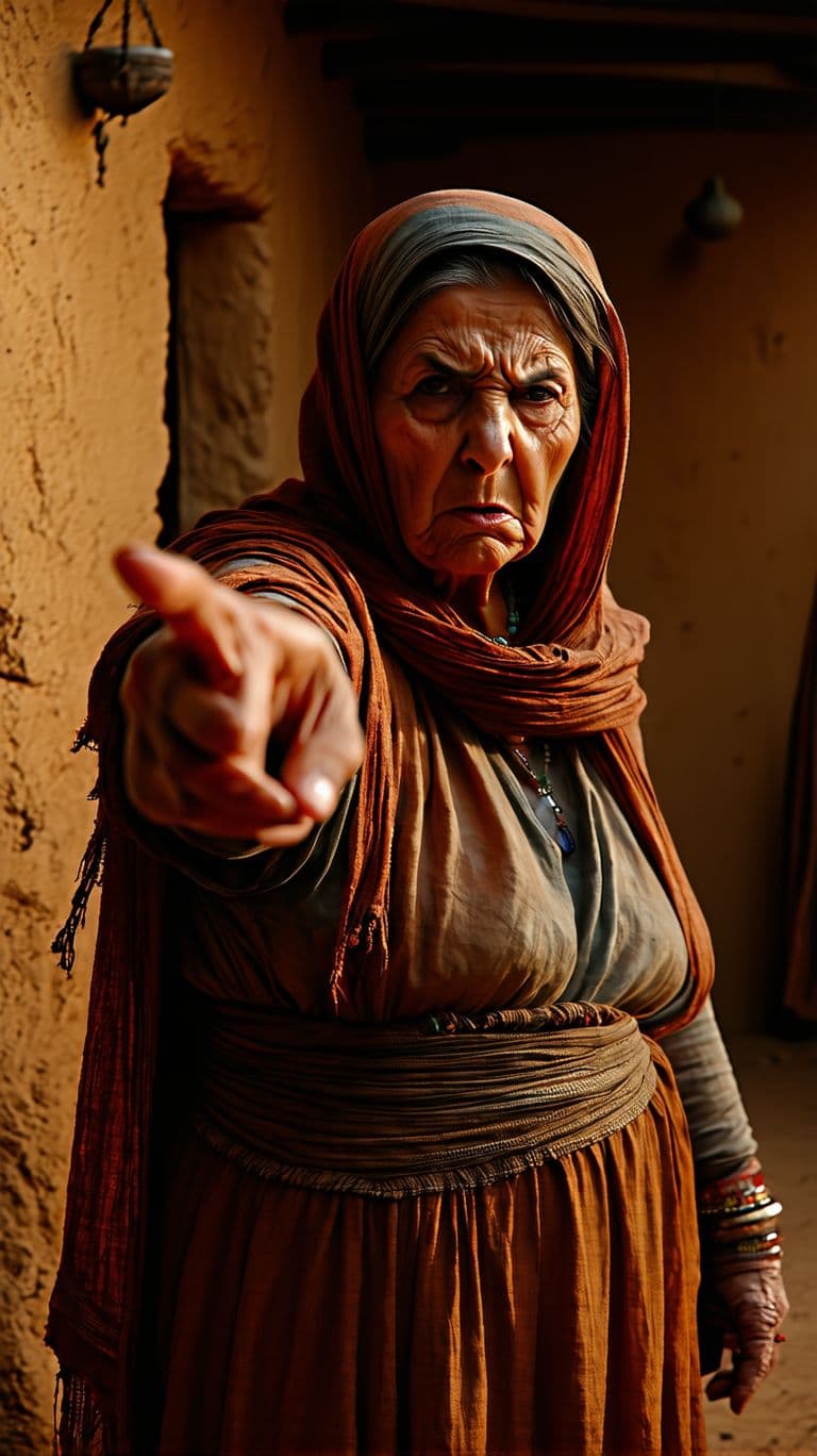 AI generated: Abu Hurairah’s mother is pointing at him with an angry expression, her face full of frustration and ...