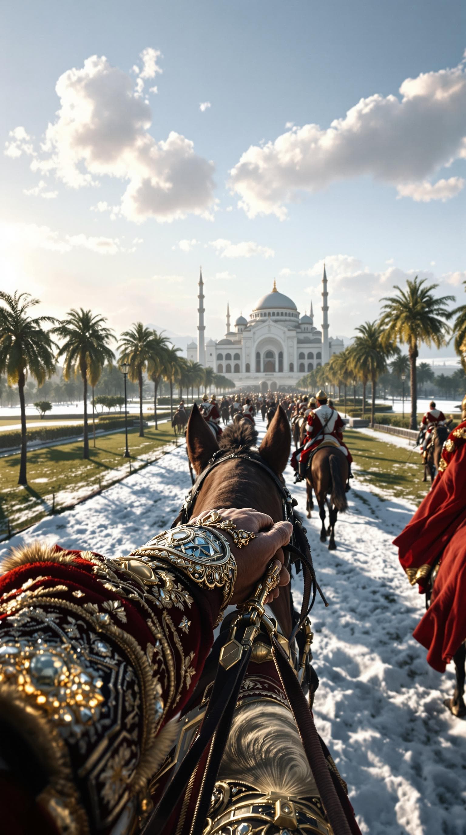 AI generated: First person POV, the male hands grip the reins of his majestic horse, adorned with intricate Ottoma...