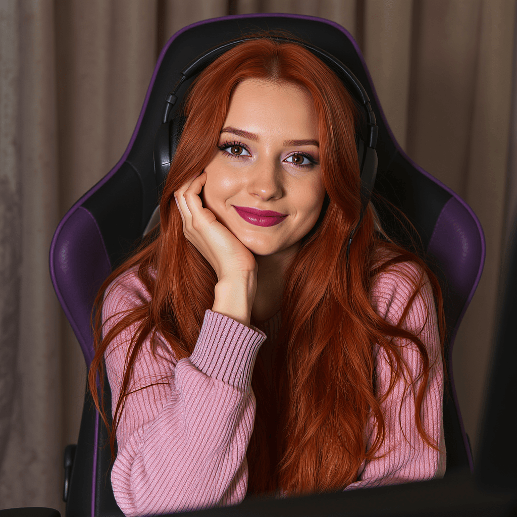 AI generated: realistic picture of a 22 years old woman with red long hair, sitting in a gaming chair, little smil...