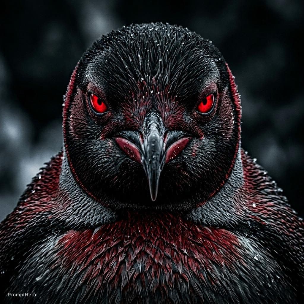 AI generated: A dramatic, hyper-realistic macro portrait of an Emperor Penguin. The penguin is rendered in a dark,...