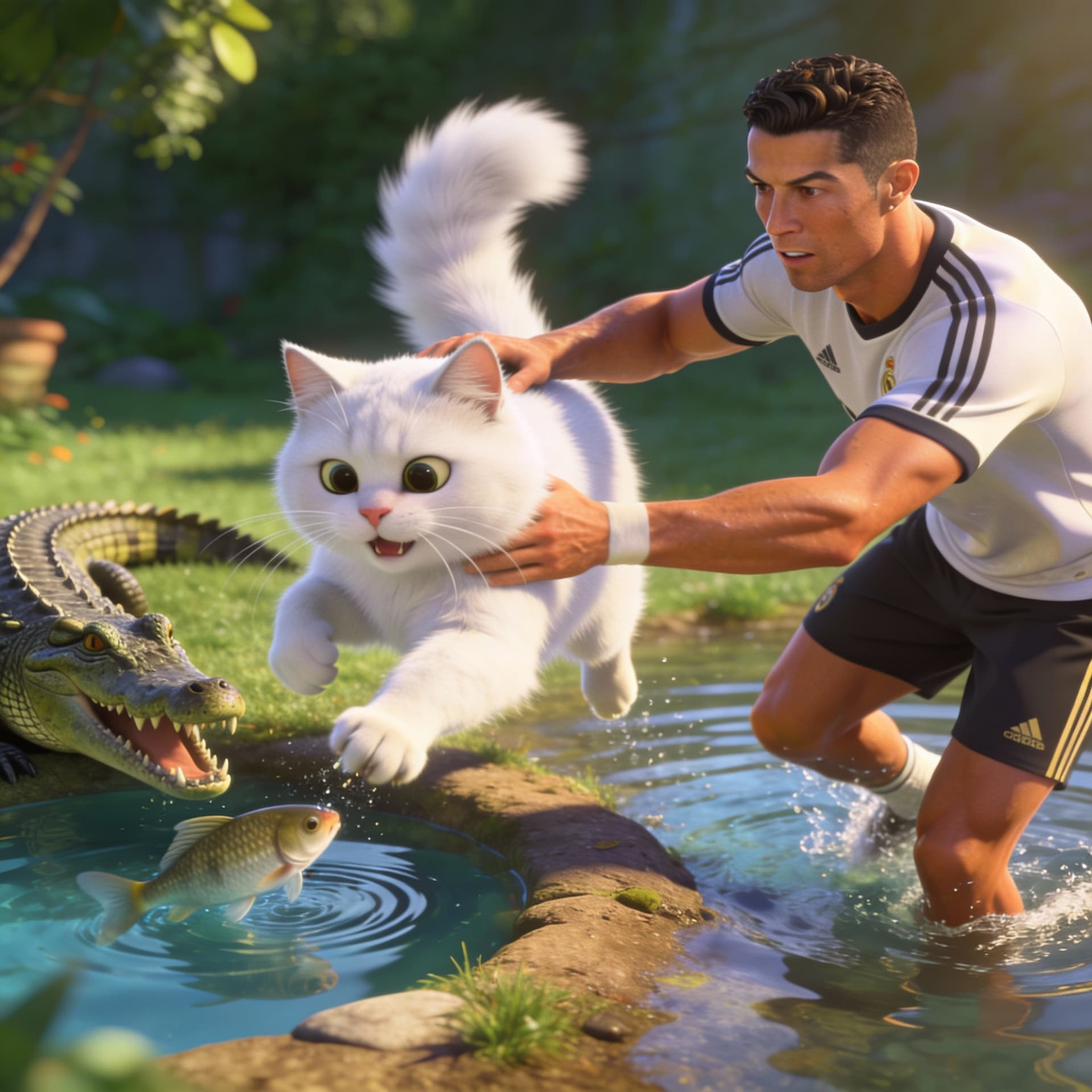 AI generated: Create a billu cat doing funny things ronaldo keep caring his and cat catching fish but comes crocod...