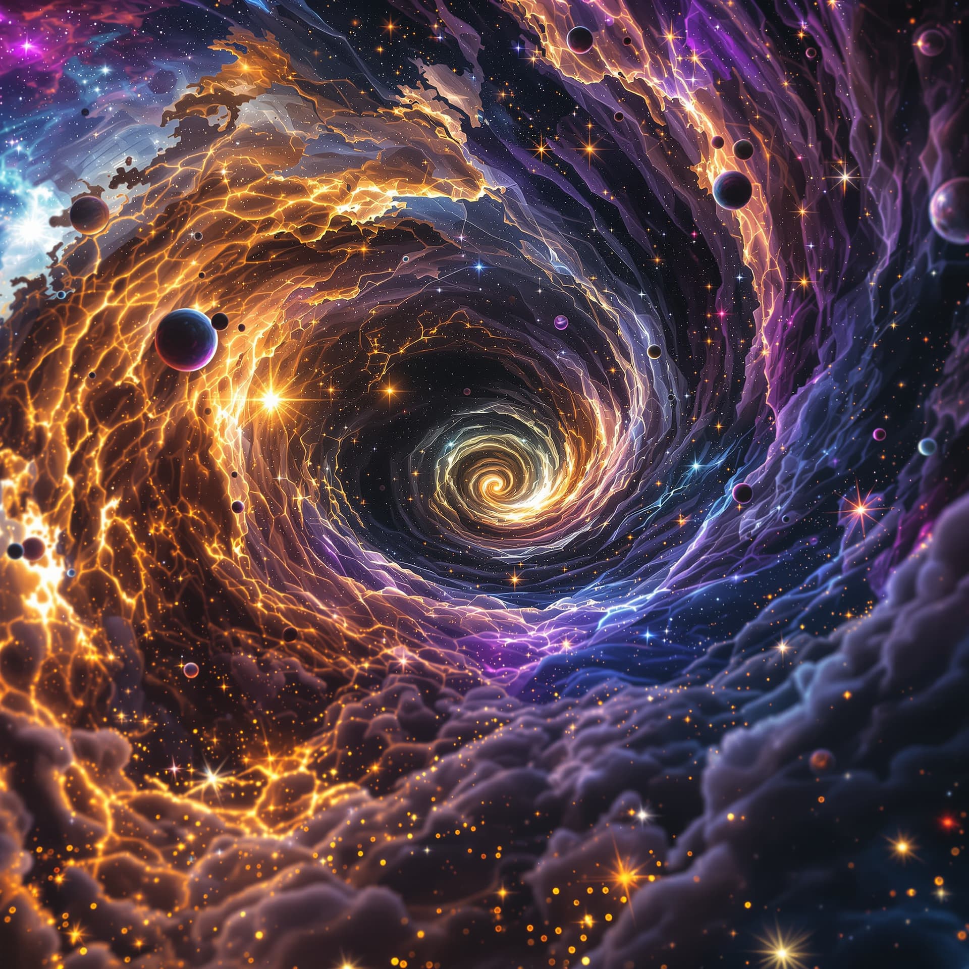 AI generated: warped time and space curving back into each other a flight through the universe as seen by AI. 8d, ...