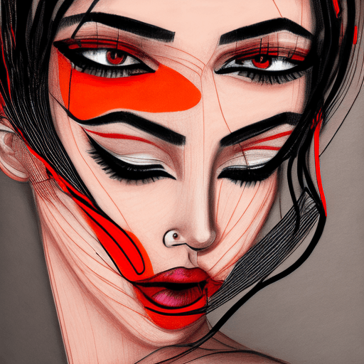 AI generated: a drawing of a woman's face with a red eyeshadow, in the style of bold colorful lines, dark beige an...