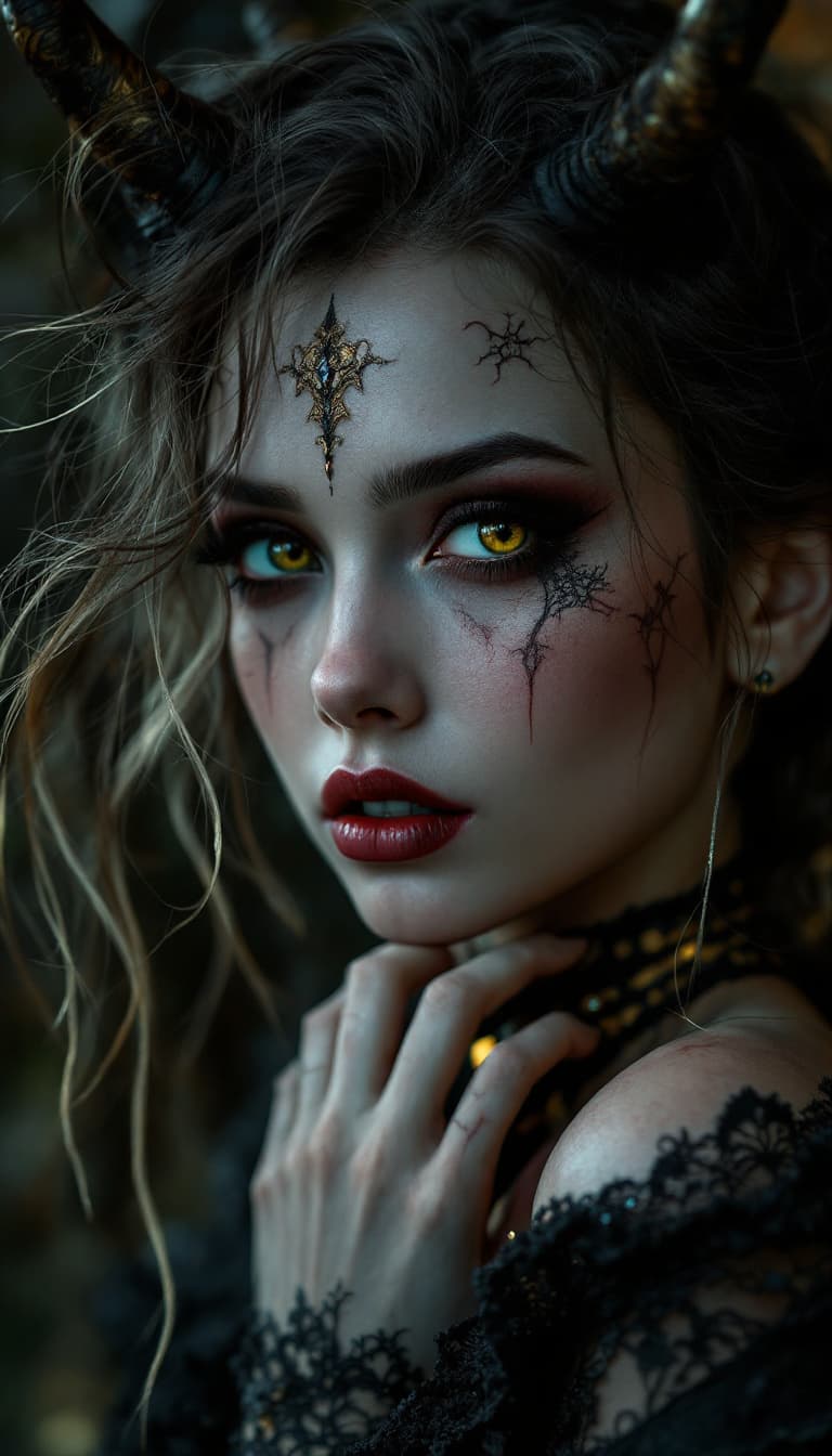 AI generated: Crie um retrato fotorrealista de uma mulher com maquiagem escura e arte de maquiagem, ambientado em ...