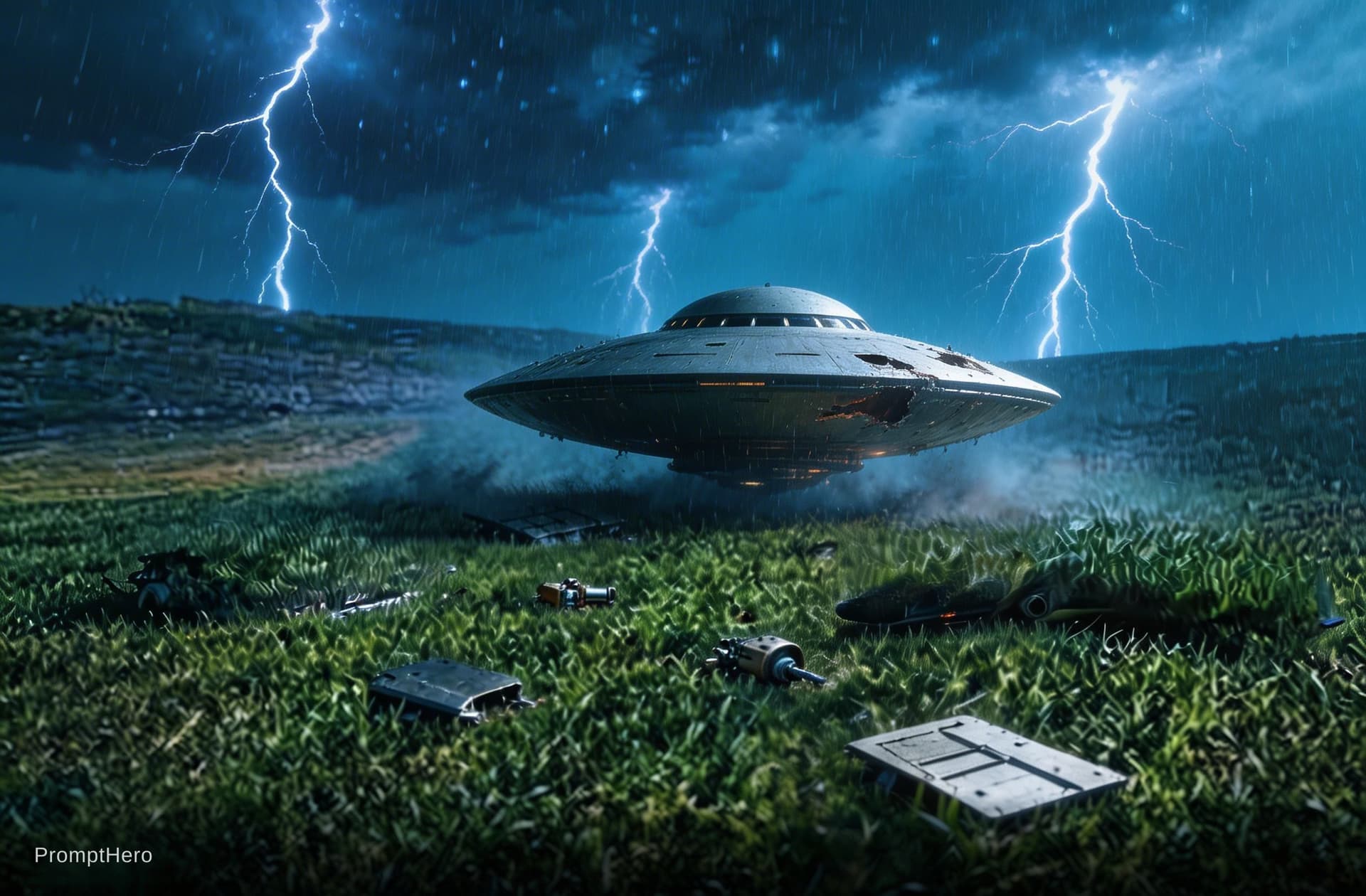 AI generated: Sci-Fi scene. Recreating ROSWELL. Show a scene in Earth's lower atmosphere.  Intense lightning, rain...