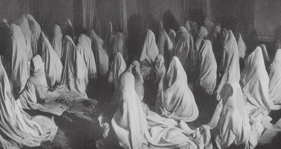 AI generated: 1900s photograph, black and white, 1920 , photograph of hooded cultists in circle worshipping Cthulh...
